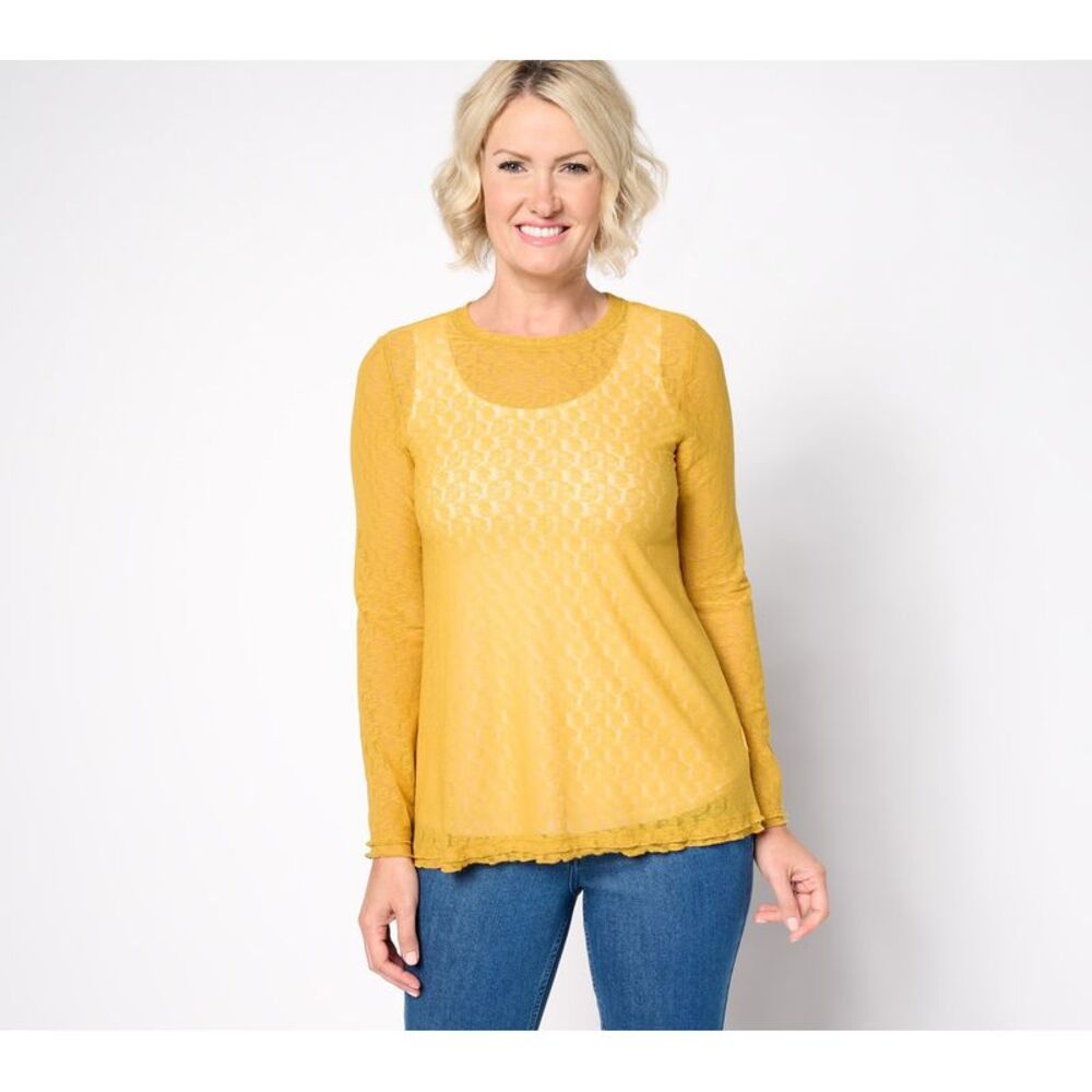 Wacoal Women's Top Sz M Crew Neck Long Sleeve Mesh Yellow